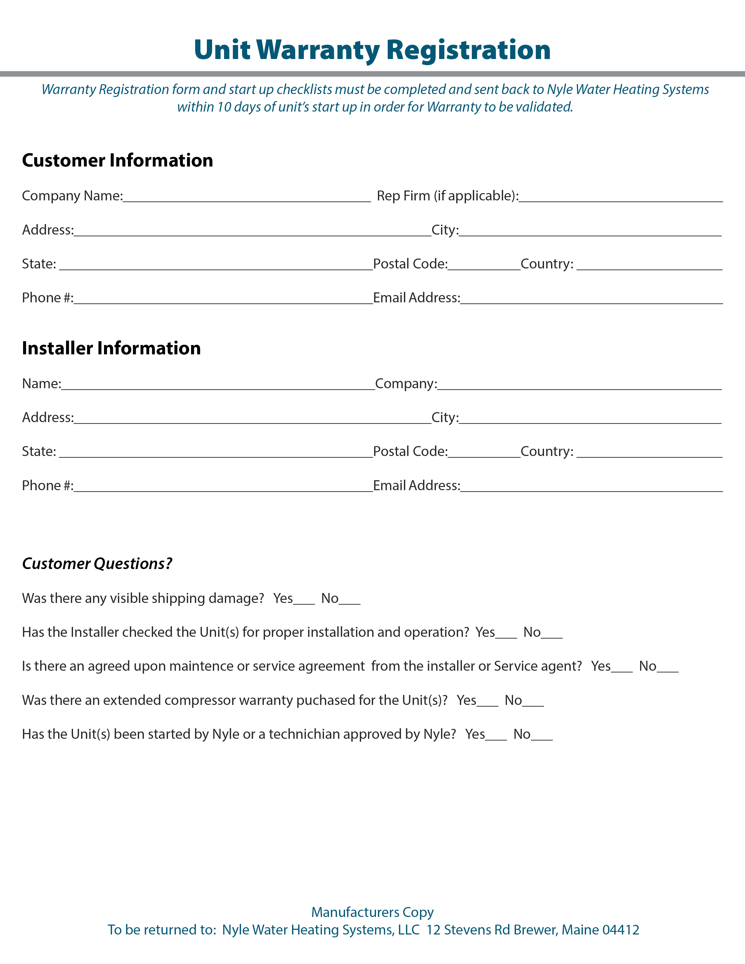 Unit Warranty Registration Form
